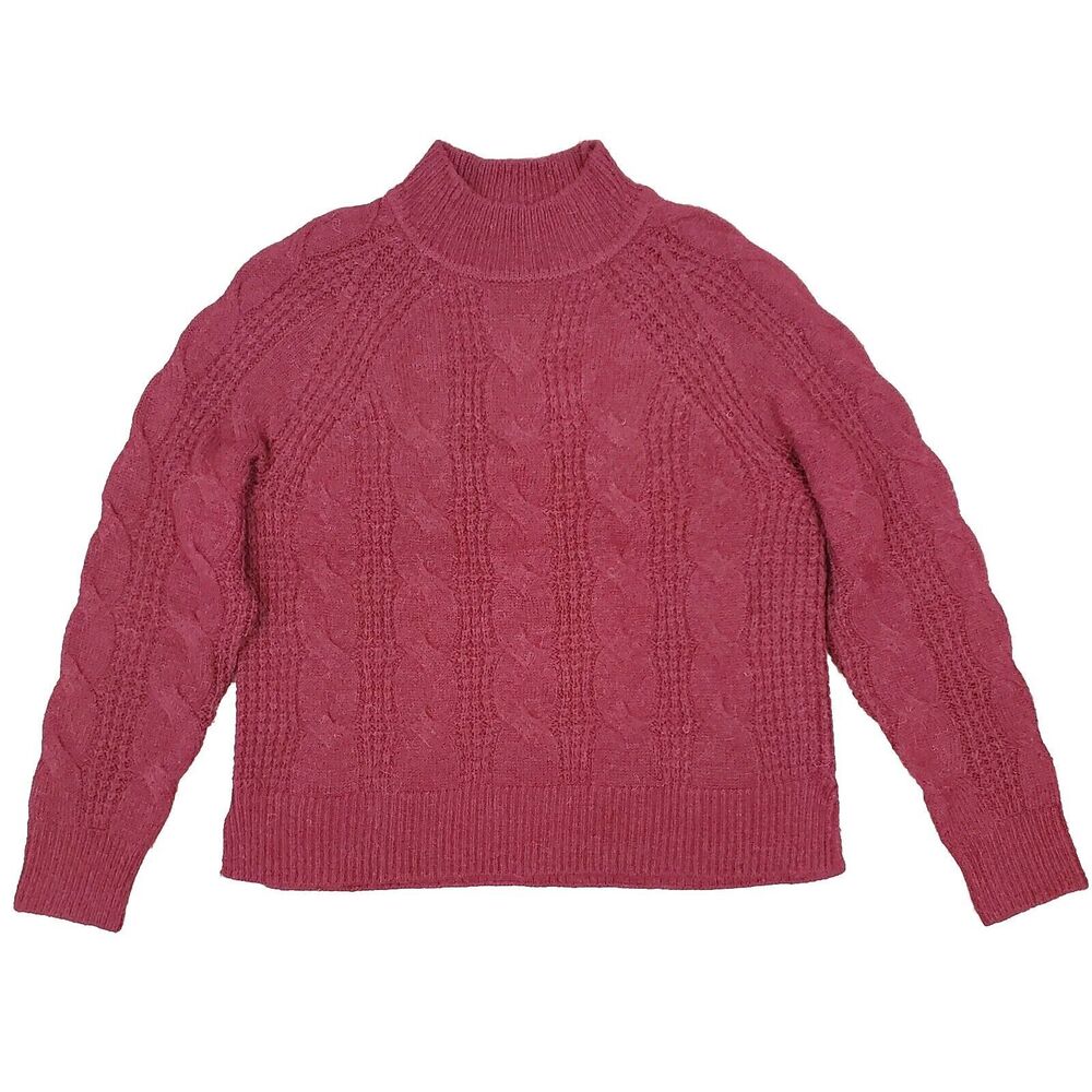 J.Crew Alpaca blend High neck Cable Knit Sweater S Burgundy Red Fisherman